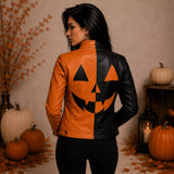 Women's Halloween Leather Jacket | Black & Orange Pumpkin Face Zip Up Biker Jacket