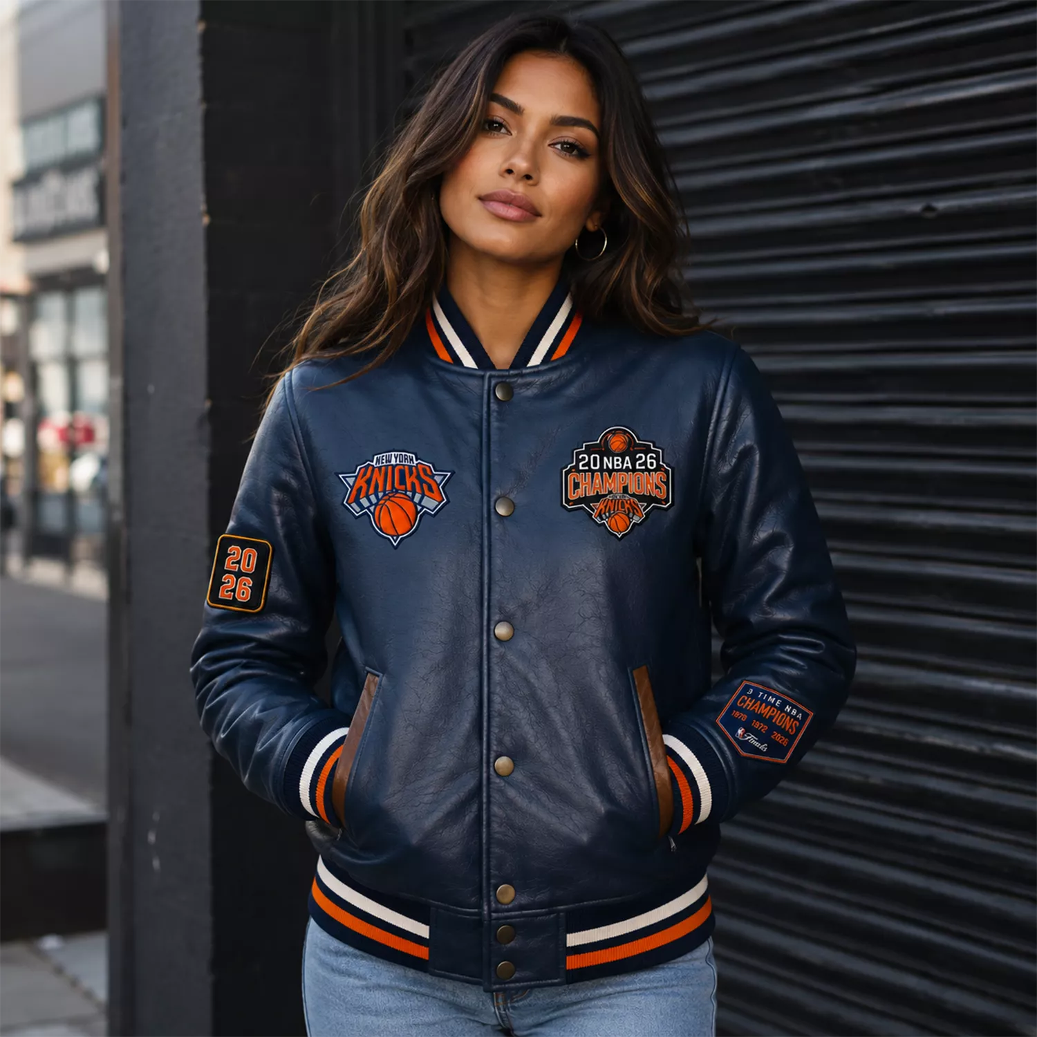 Women’s Navy Basketball Varsity Leather Jacket | Championship Style Bomber Jacket