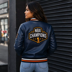 Women’s Navy Basketball Varsity Leather Jacket | Championship Style Bomber Jacket