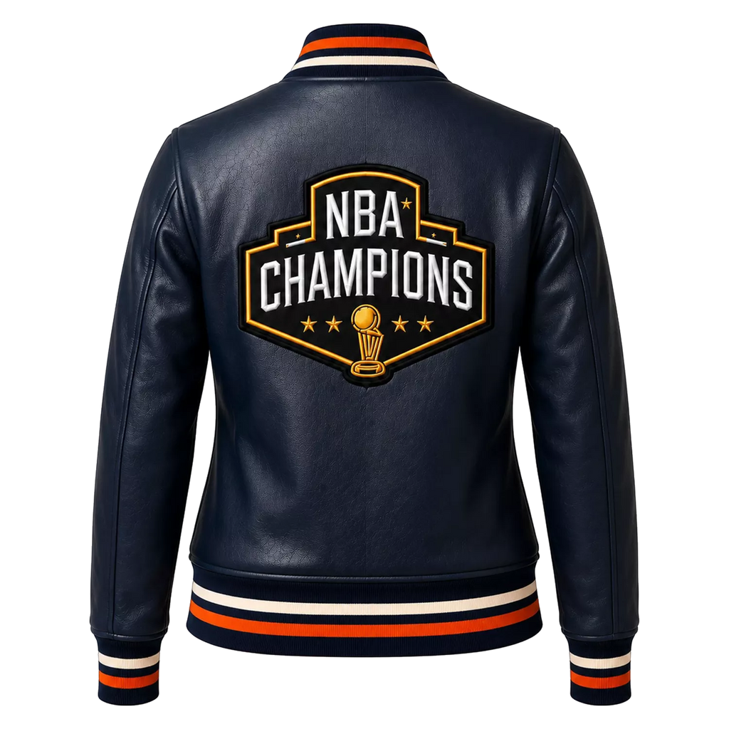 Women’s Navy Basketball Varsity Leather Jacket | Championship Style Bomber Jacket
