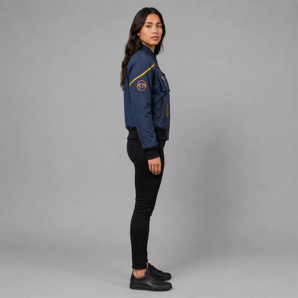 Women's Navy Space Mission Patch Bomber Jacket | Zip-Up Flight Jacket