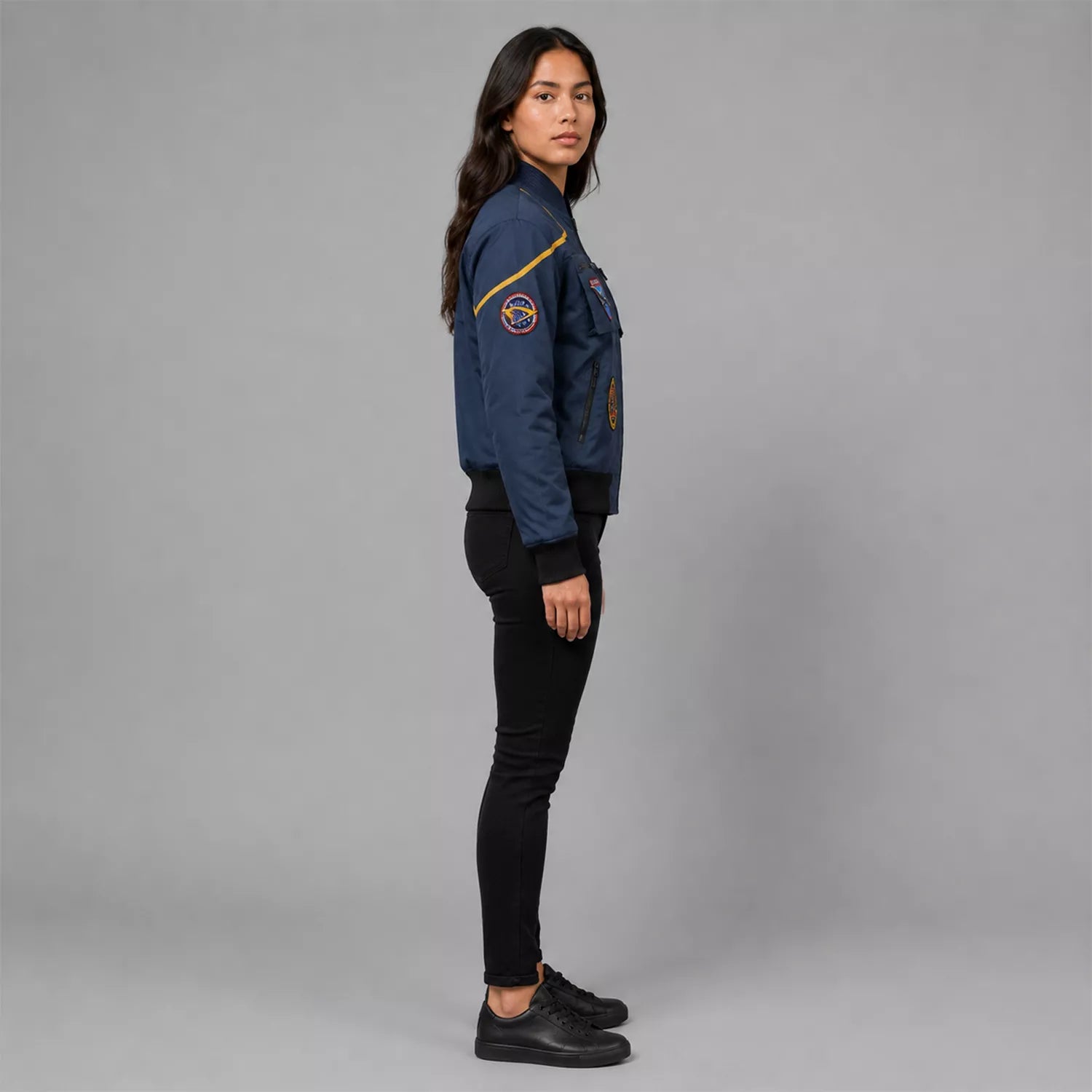 Women's Navy Space Mission Patch Bomber Jacket | Zip-Up Flight Jacket