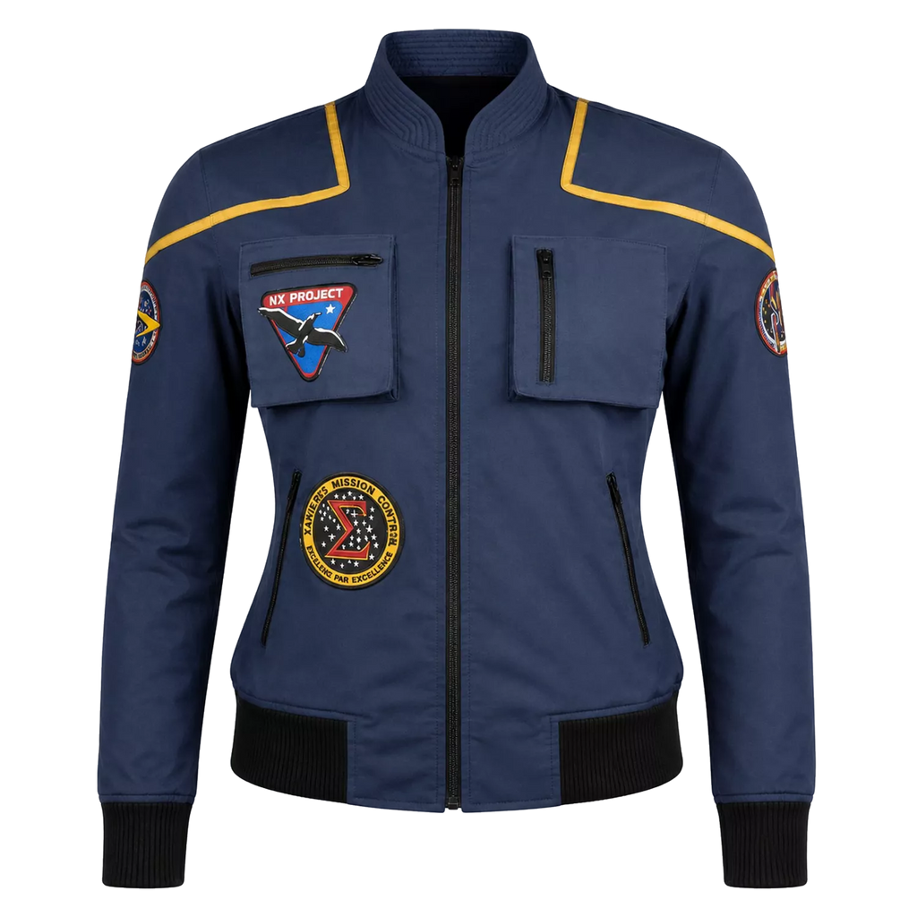 Women's Navy Space Mission Patch Bomber Jacket | Zip-Up Flight Jacket