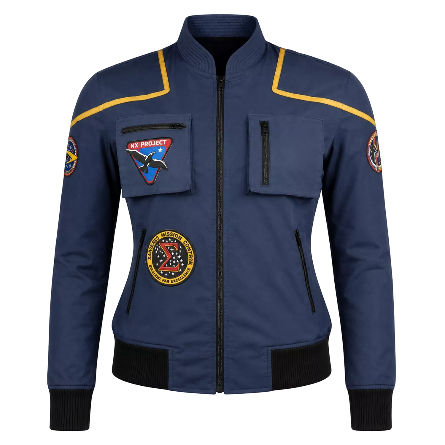 Women's Navy Space Mission Patch Bomber Jacket | Zip-Up Flight Jacket