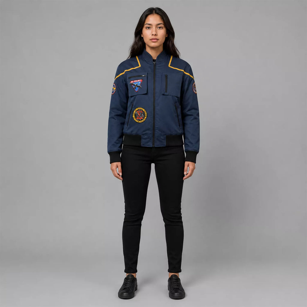 Women's Navy Space Mission Patch Bomber Jacket | Zip-Up Flight Jacket