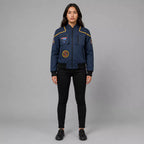 Women's Navy Space Mission Patch Bomber Jacket | Zip-Up Flight Jacket