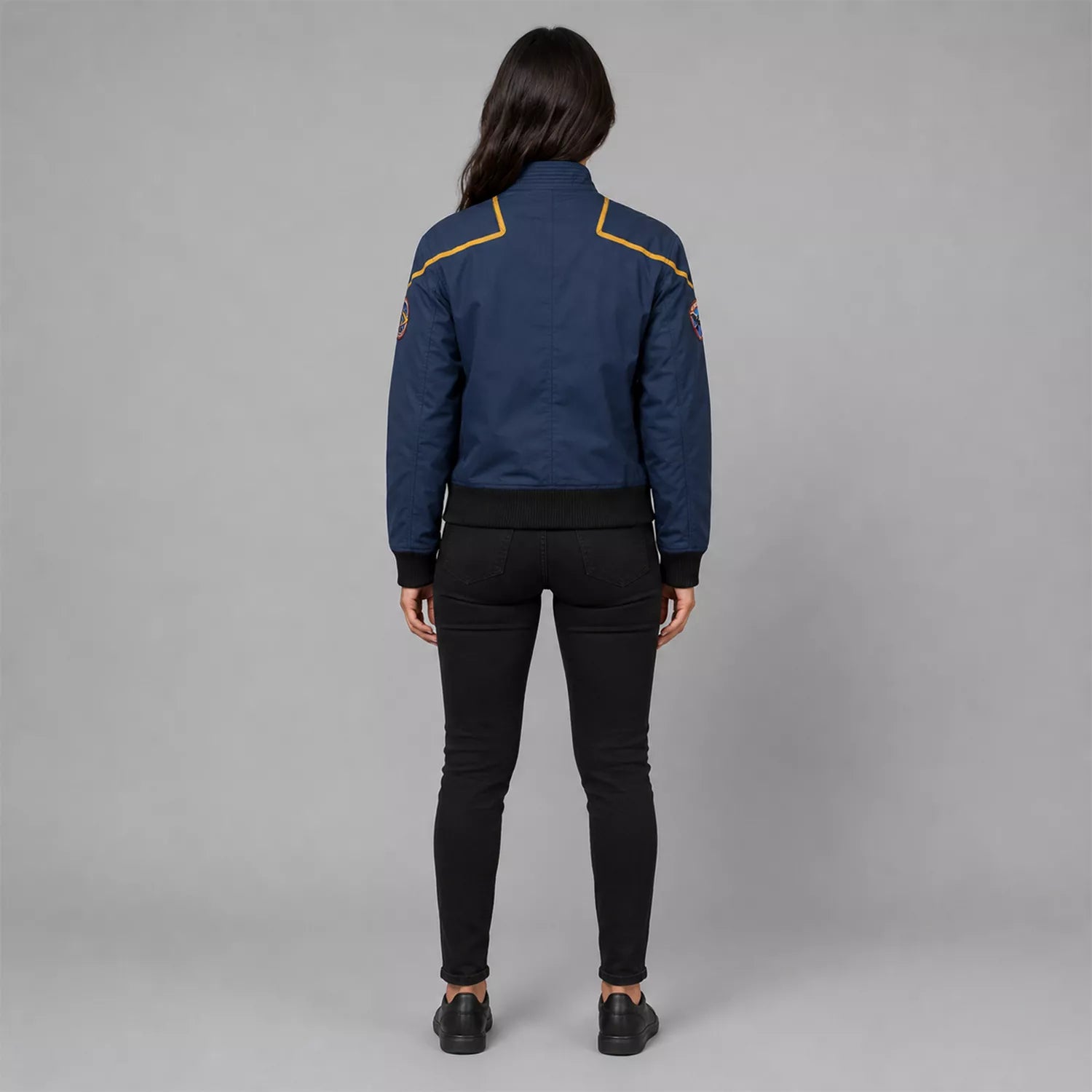 Women's Navy Space Mission Patch Bomber Jacket | Zip-Up Flight Jacket