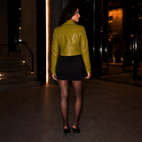 Women’s Olive Green Cropped Leather Jacket | Western Zip-Up Jacket