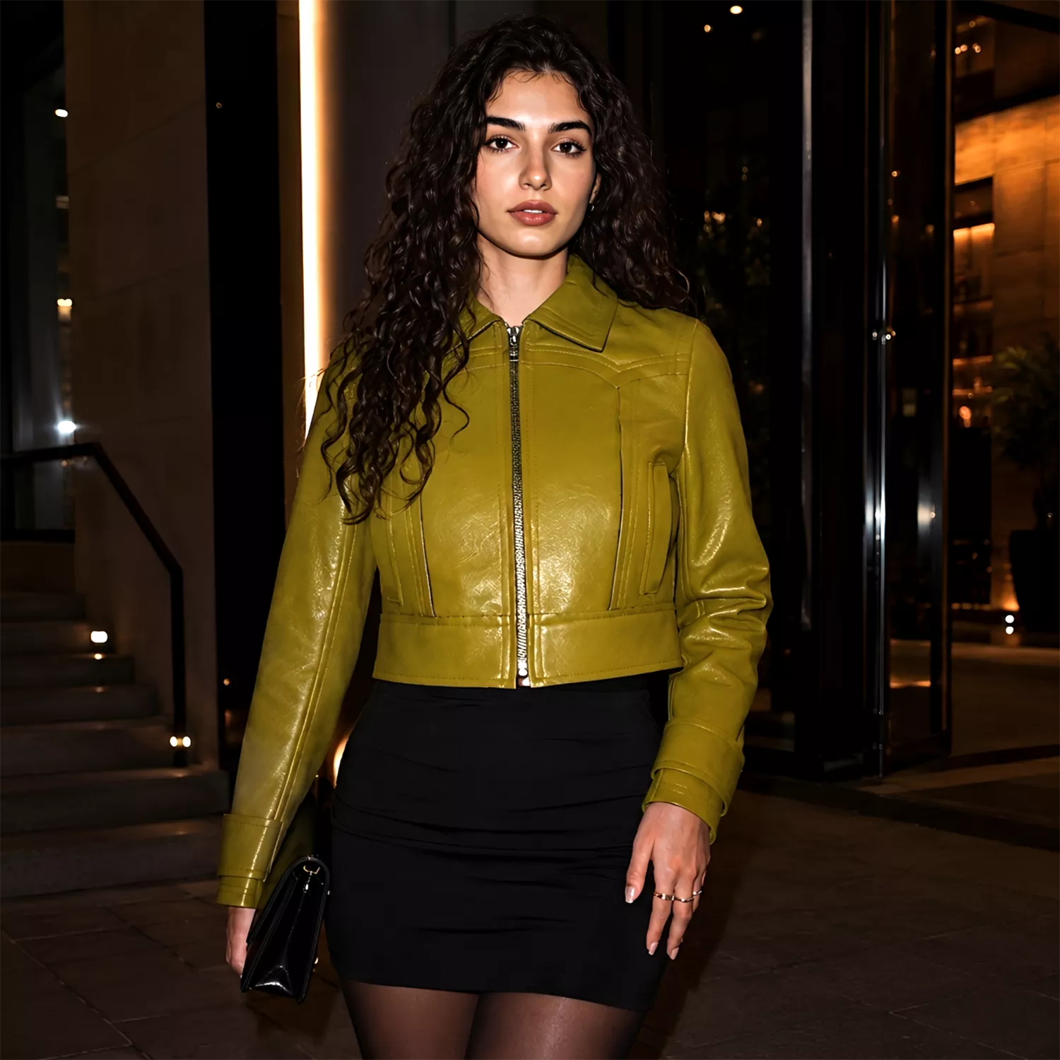 Women’s Olive Green Cropped Leather Jacket | Western Zip-Up Jacket