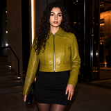 Women’s Olive Green Cropped Leather Jacket | Western Zip-Up Jacket