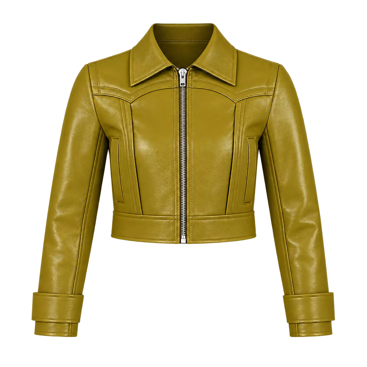 Women’s Olive Green Cropped Leather Jacket | Western Zip-Up Jacket