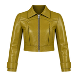 Women’s Olive Green Cropped Leather Jacket | Western Zip-Up Jacket