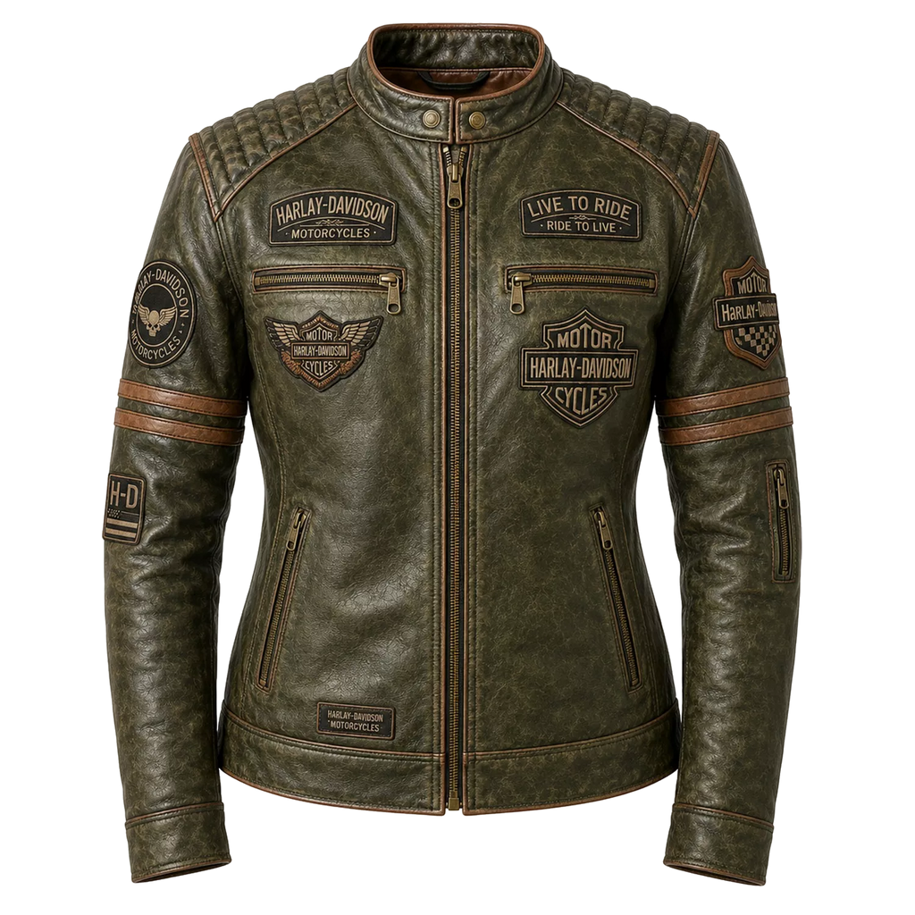 Women's Olive Green Harley Davidson Patch Leather Biker Jacket | Vintage Moto Jacket