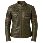 Women's Olive Green Harley Davidson Patch Leather Biker Jacket | Vintage Moto Jacket