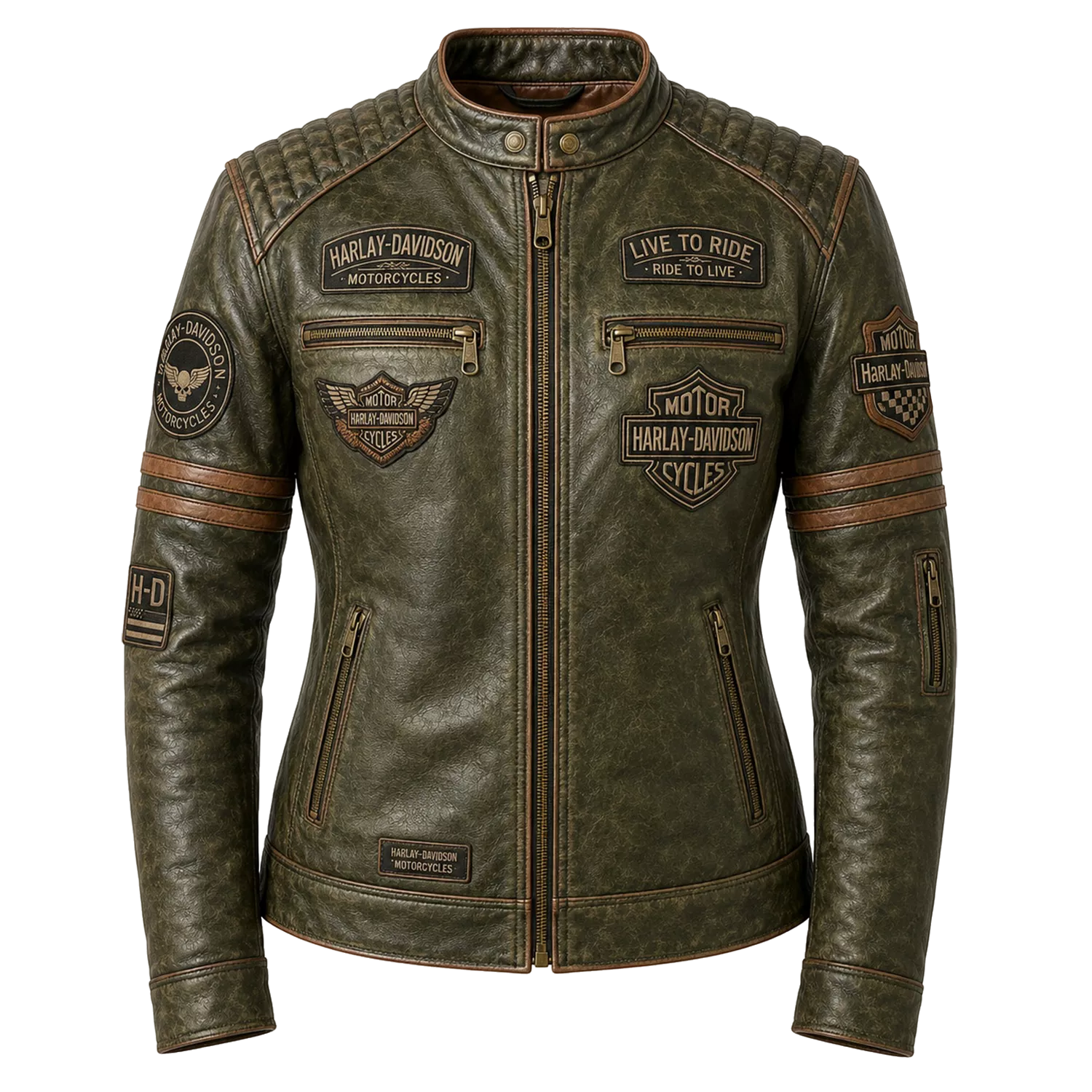 Women's Olive Green Harley Davidson Patch Leather Biker Jacket | Vintage Moto Jacket
