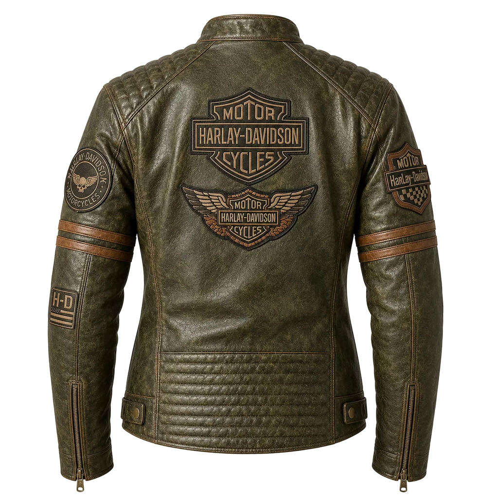 Women's Olive Green Harley Davidson Patch Leather Biker Jacket | Vintage Moto Jacket