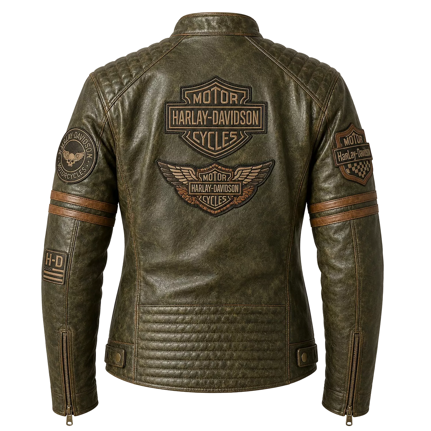 Women's Olive Green Harley Davidson Patch Leather Biker Jacket | Vintage Moto Jacket
