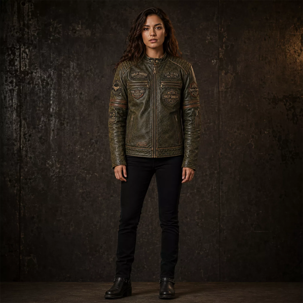 Women's Olive Green Harley Davidson Patch Leather Biker Jacket | Vintage Moto Jacket