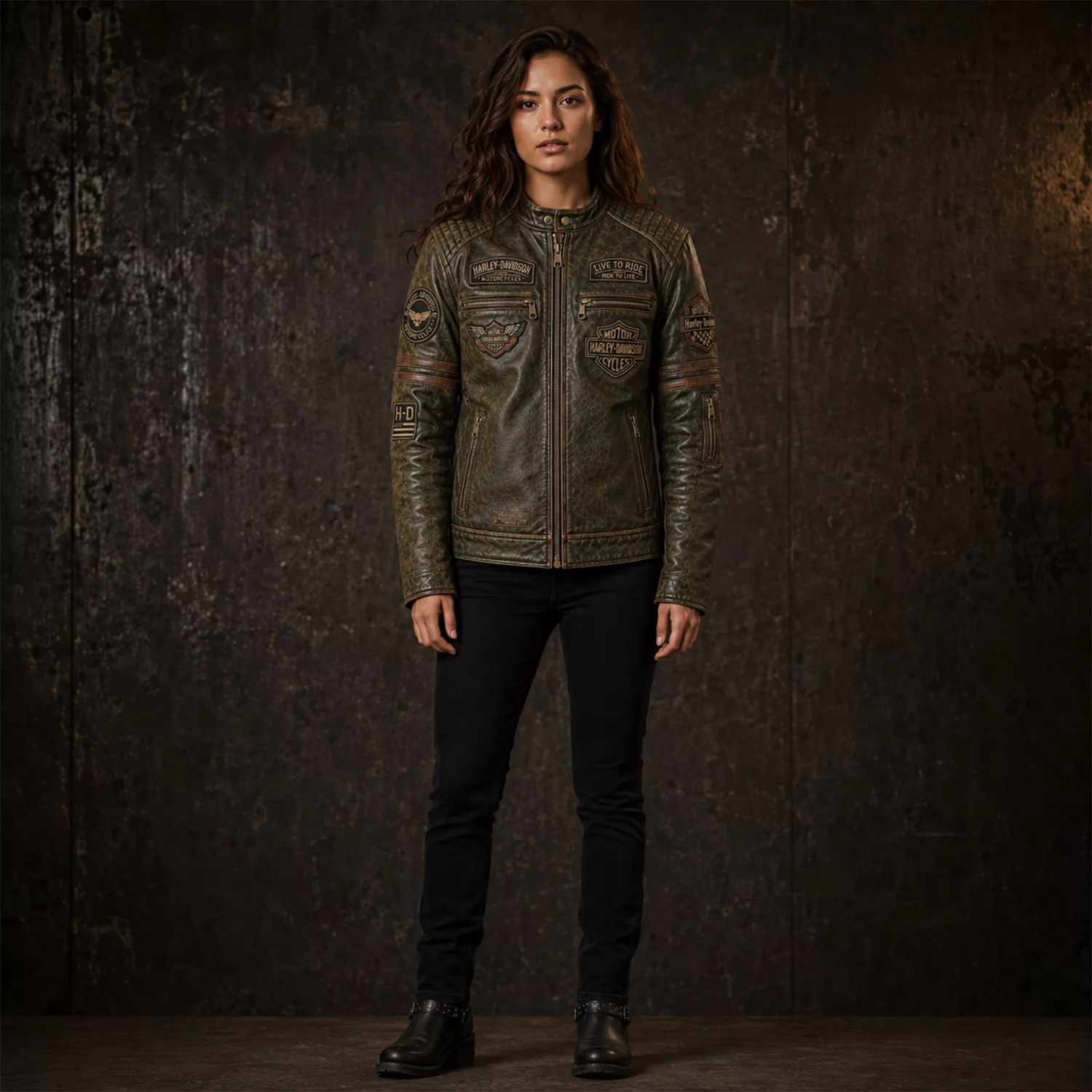 Women's Olive Green Harley Davidson Patch Leather Biker Jacket | Vintage Moto Jacket