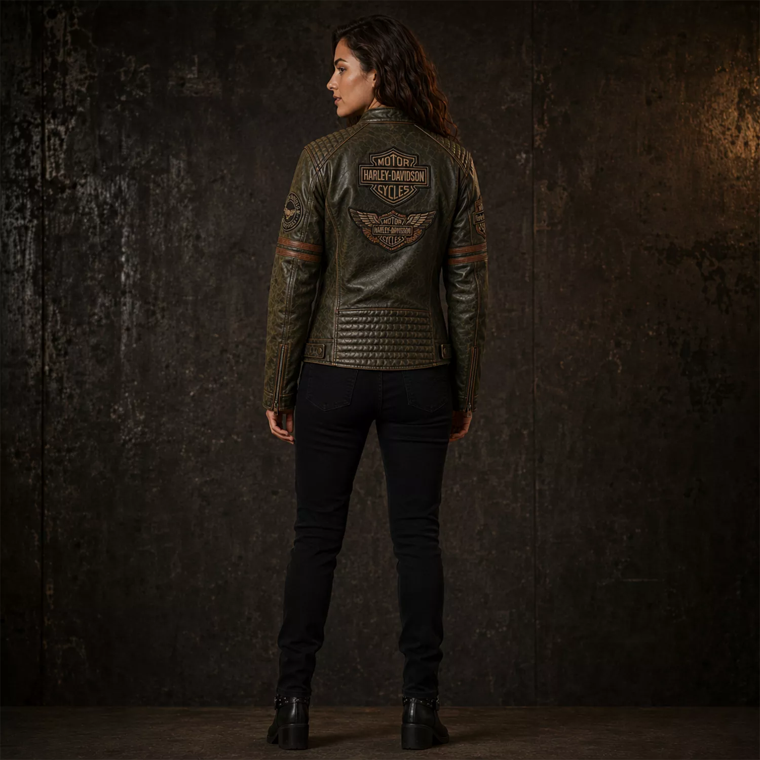 Women's Olive Green Harley Davidson Patch Leather Biker Jacket | Vintage Moto Jacket