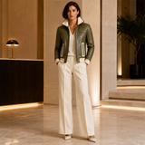 Women’s Olive Green Quilted Leather Bomber Jacket  Zip-Up Ribbed Trim Jacket