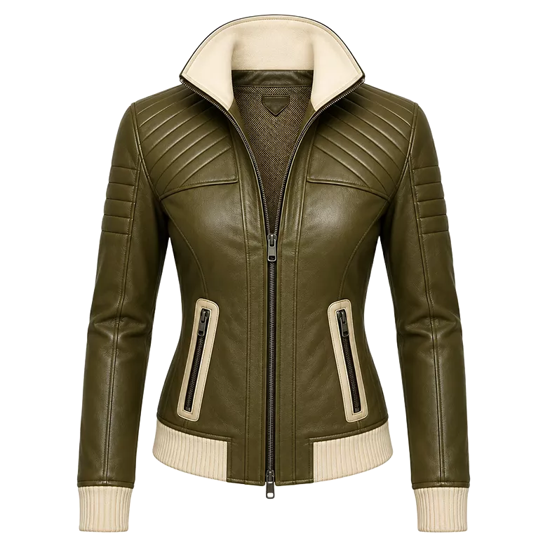 Women’s Olive Green Quilted Leather Bomber Jacket  Zip-Up Ribbed Trim Jacket