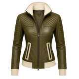 Women’s Olive Green Quilted Leather Bomber Jacket  Zip-Up Ribbed Trim Jacket