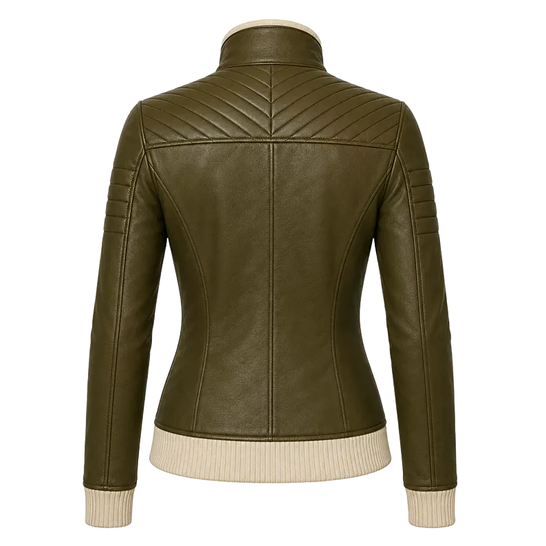 Women’s Olive Green Quilted Leather Bomber Jacket  Zip-Up Ribbed Trim Jacket