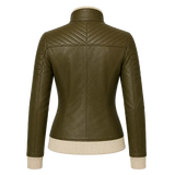 Women’s Olive Green Quilted Leather Bomber Jacket  Zip-Up Ribbed Trim Jacket