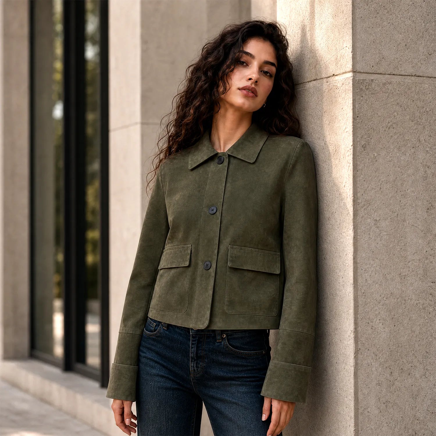 Women’s Olive Green Suede Jacket | Stylish Cropped Leather Jacket for Women
