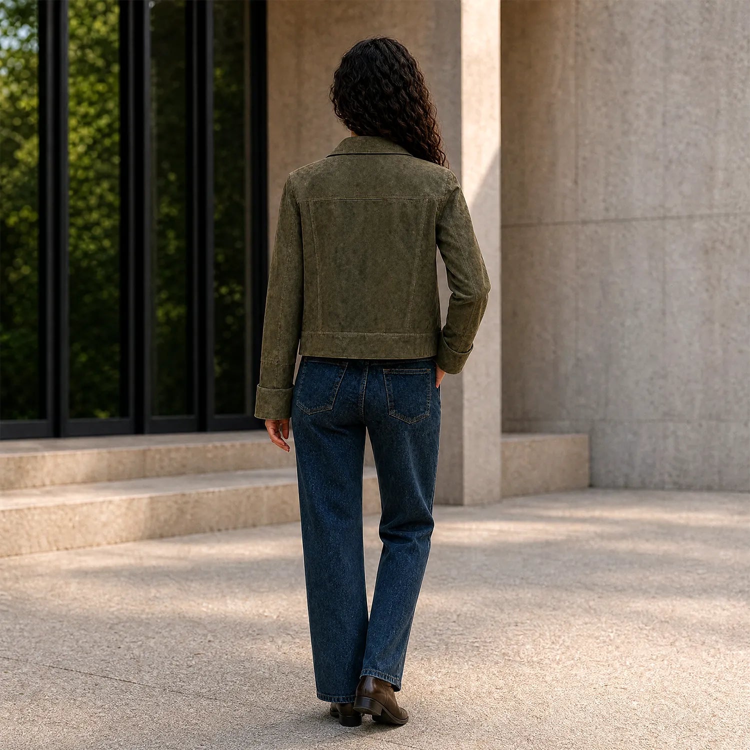 Women’s Olive Green Suede Jacket | Stylish Cropped Leather Jacket for Women