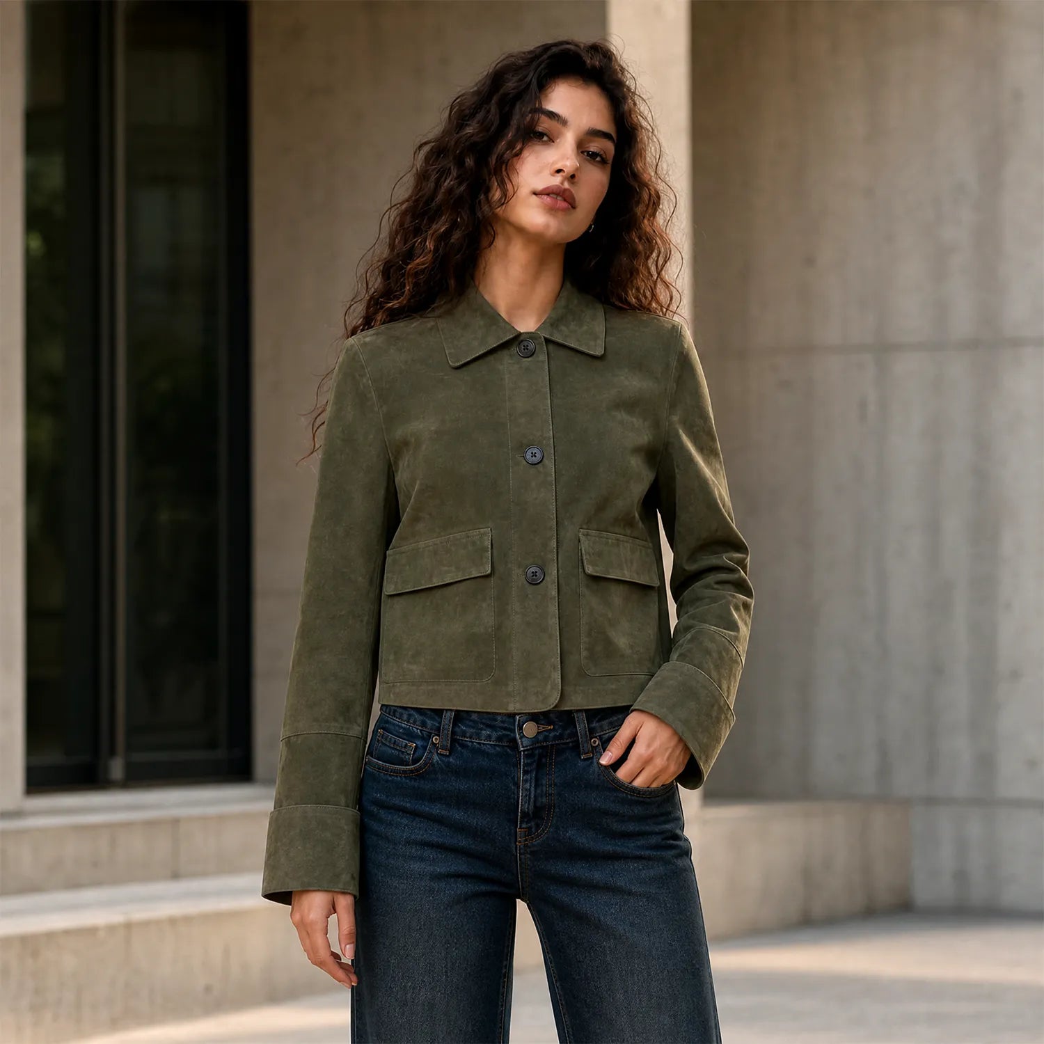 Women’s Olive Green Suede Jacket | Stylish Cropped Leather Jacket for Women