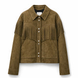 Women’s Olive Suede Fringe Jacket | Boho Inspired Leather Western Style Outerwear