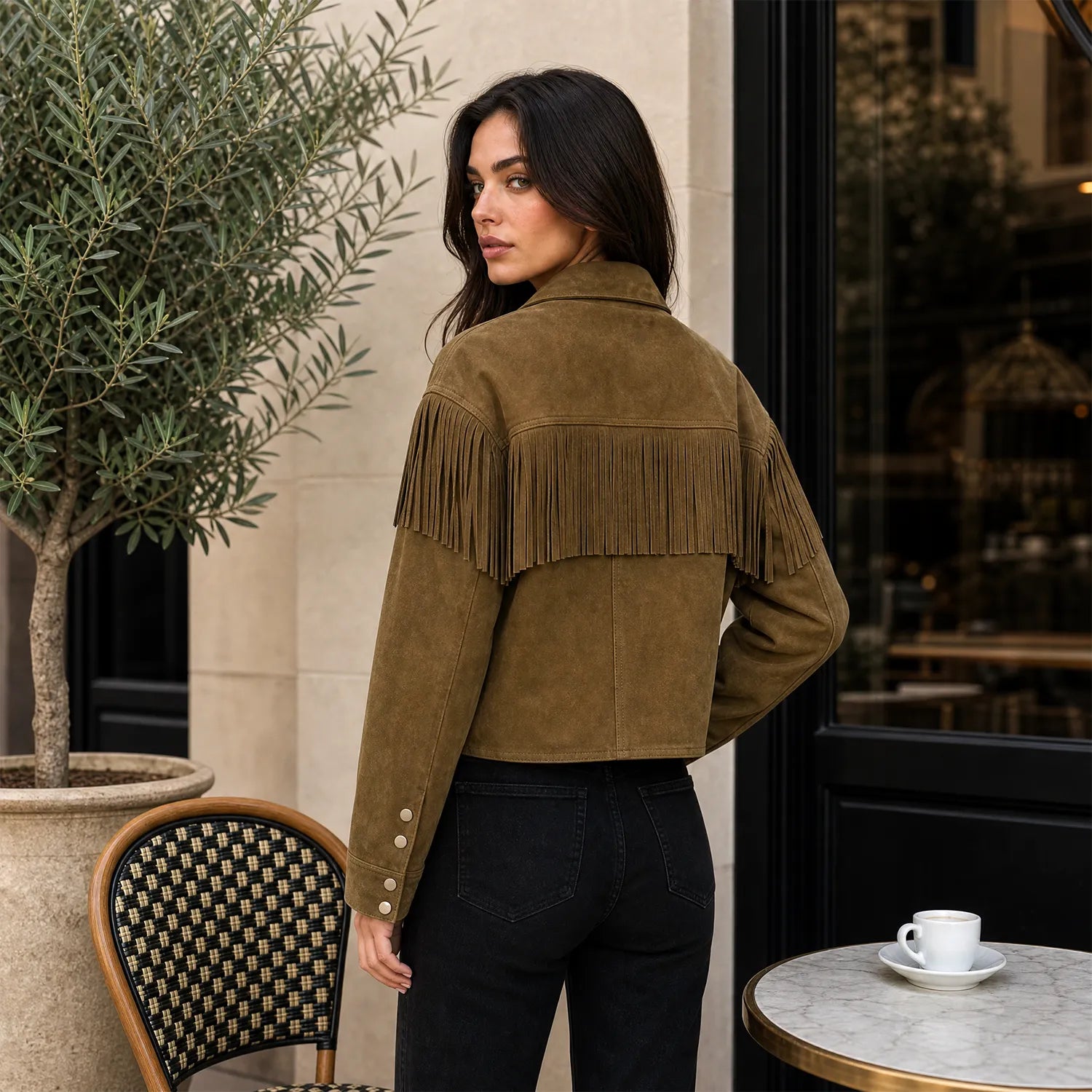 Women’s Olive Suede Fringe Jacket | Boho Inspired Leather Western Style Outerwear