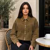 Women’s Olive Suede Fringe Jacket | Boho Inspired Leather Western Style Outerwear