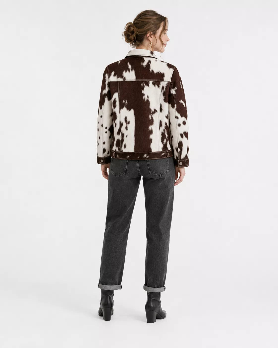 Women's Real Hair On Hide Cowhide Jacket | Brown White Western Leather Trucker Jacket