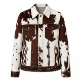 Women's Real Hair On Hide Cowhide Jacket | Brown White Western Leather Trucker Jacket