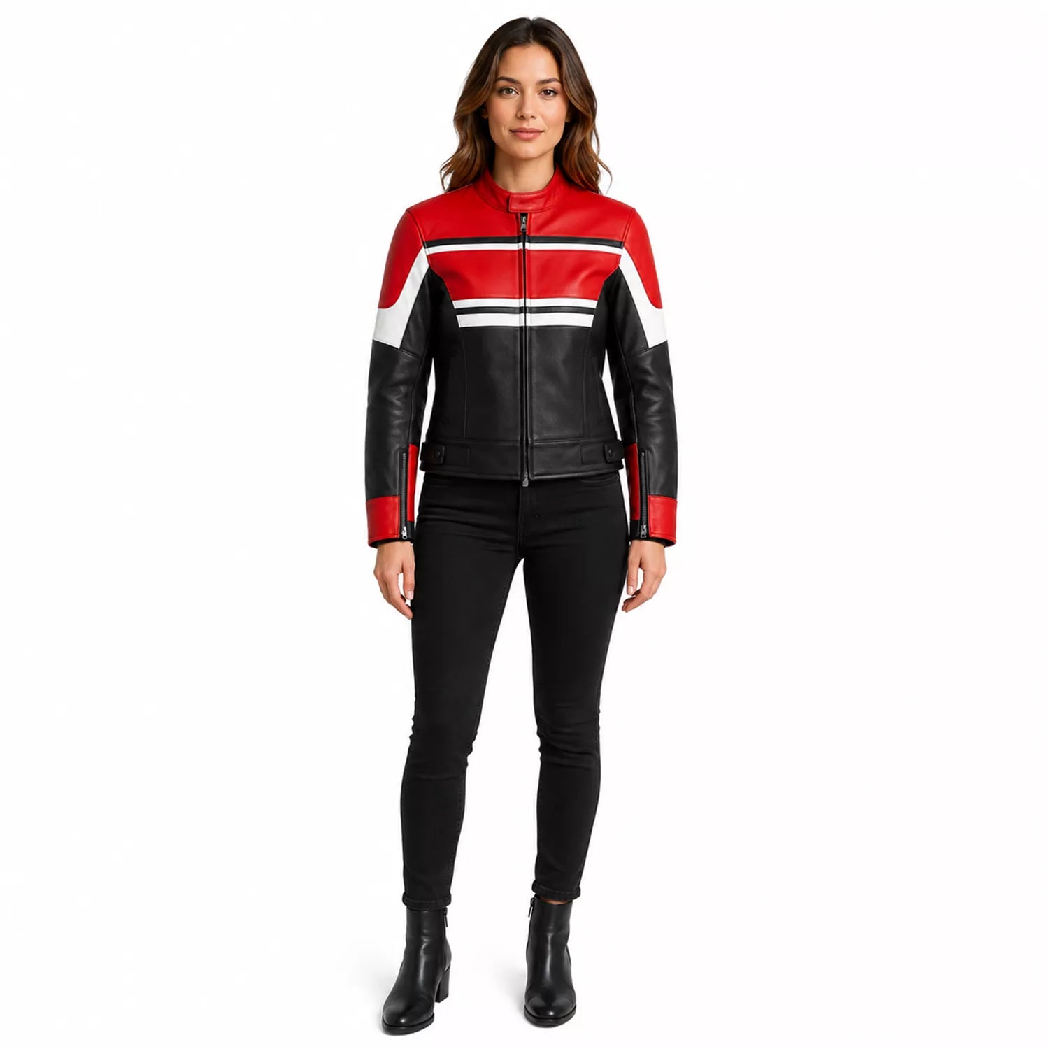 Women’s Red Black White Leather Biker Jacket | Moto Style