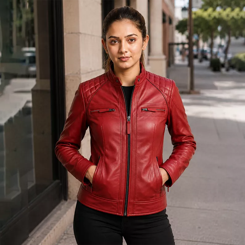 Women’s Red Quilted Leather Biker Jacket | Cafe Racer Zip Jacket