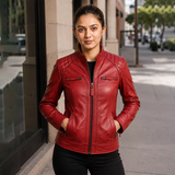 Women’s Red Quilted Leather Biker Jacket | Cafe Racer Zip Jacket