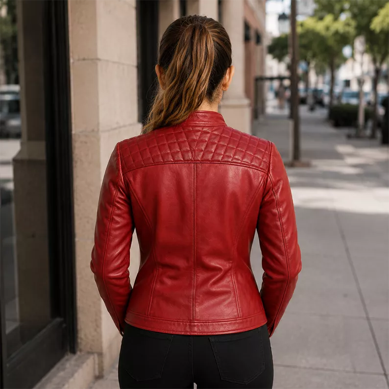 Women’s Red Quilted Leather Biker Jacket | Cafe Racer Zip Jacket