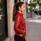 Women’s Red Quilted Leather Biker Jacket | Cafe Racer Zip Jacket