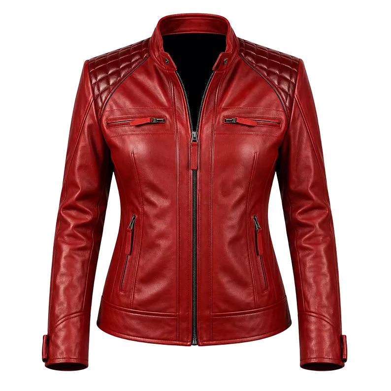 Women’s Red Quilted Leather Biker Jacket | Cafe Racer Zip Jacket