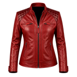 Women’s Red Quilted Leather Biker Jacket | Cafe Racer Zip Jacket