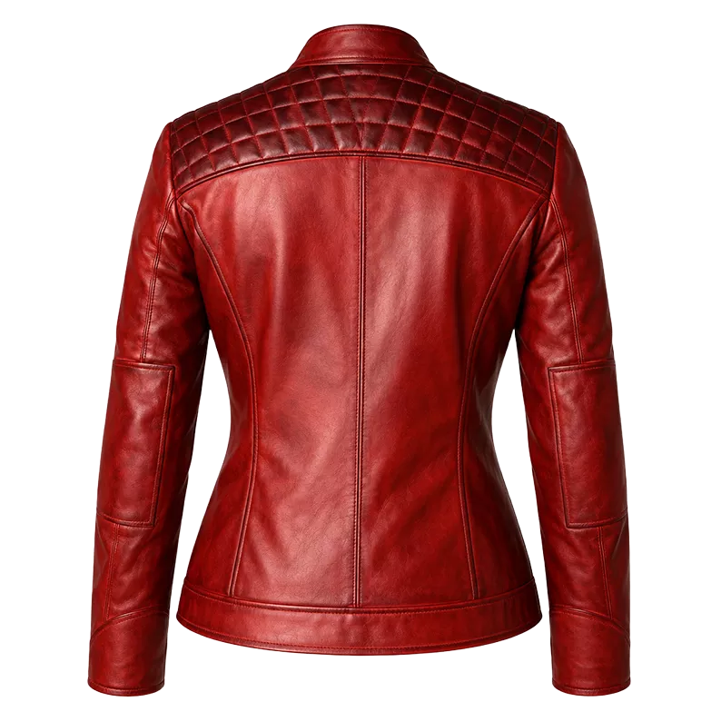 Women’s Red Quilted Leather Biker Jacket | Cafe Racer Zip Jacket