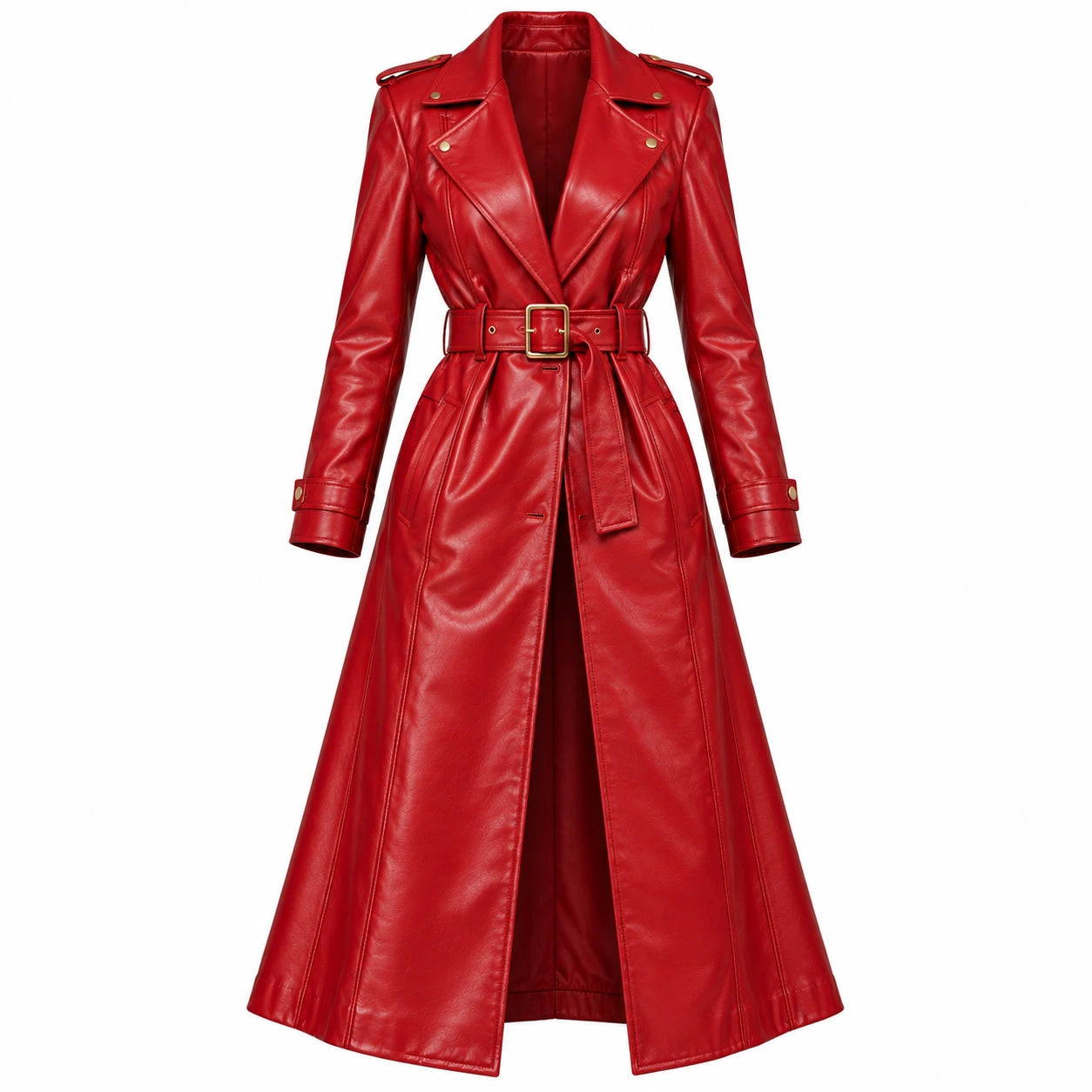 Women's Ruby Red Belted Leather Trench Coat – Christmas Collection