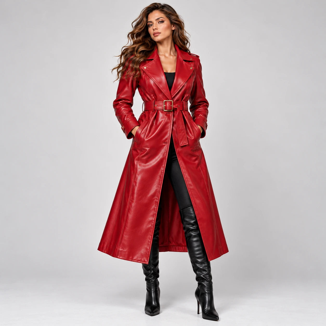 Women's Ruby Red Belted Leather Trench Coat – Christmas Collection