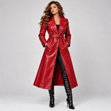 Women's Ruby Red Belted Leather Trench Coat – Christmas Collection