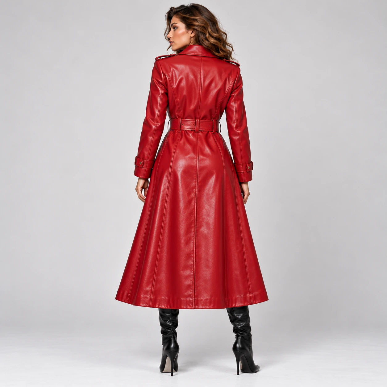 Women's Ruby Red Belted Leather Trench Coat – Christmas Collection