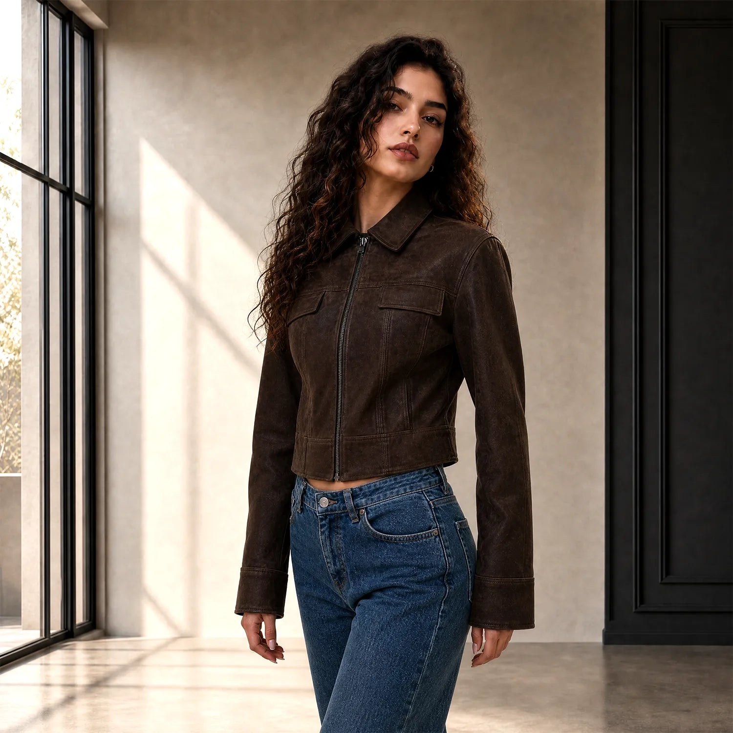 Women’s Suede Field Jacket | Vintage Brown Leather Trucker Style